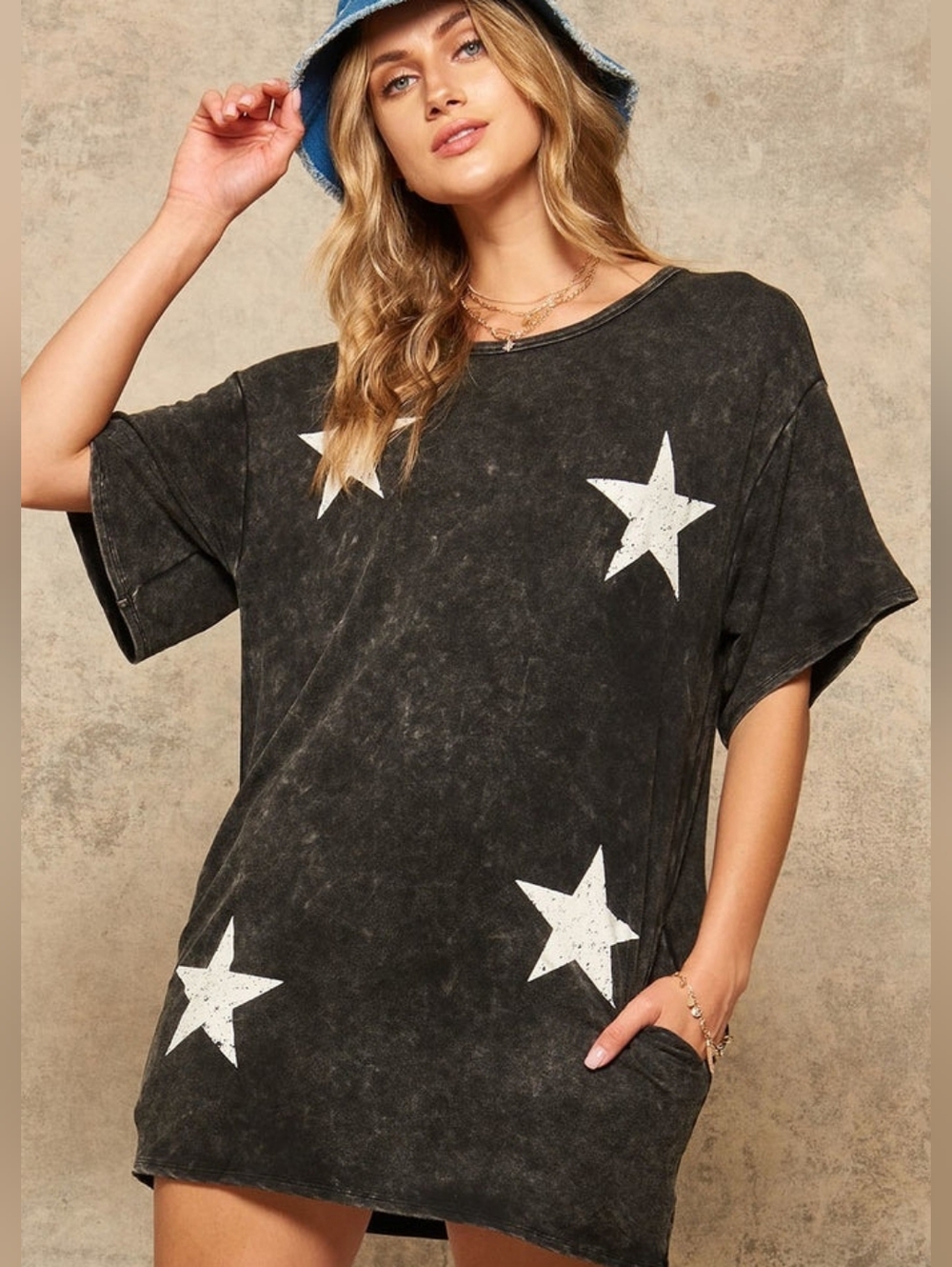 Promesa Black Mineral-Wash Star Print Mini Dress